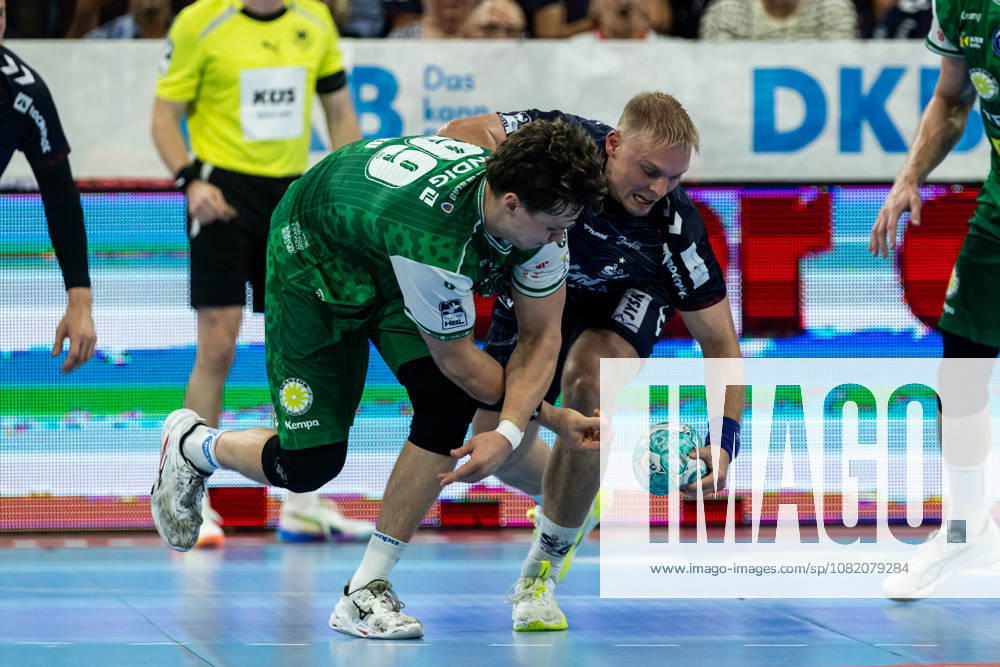 Opel HBL SG Flensburg Handewitt vs. ThSV Eisenach, August 28, 2026: Emil Siersbaek Bergholt (No. 14), SG Flensburg Handewitt, vs. Tillman Leu (No. 99), ThSV Eisenach Opel HBL SG Flensburg Handewitt vs. ThSV Eisenach, GGW Arena on August 28, 2026