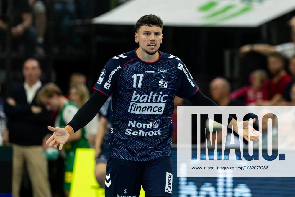 Opel HBL SG Flensburg Handewitt vs. ThSV Eisenach, August 28, 2026: Marko Grgic, No. 17, of SG Flensburg Handewitt gestures during the Opel HBL match between SG Flensburg Handewitt and ThSV Eisenach at the GGW Arena on August 28, 2026