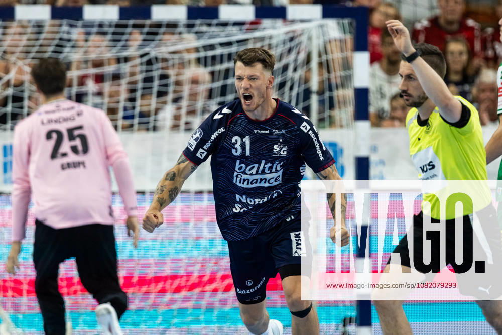 Opel HBL SG Flensburg Handewitt vs. ThSV Eisenach, August 28, 2026—Emil Jakobsen, No. 31, of SG Flensburg Handewitt celebrates a goal; Opel HBL SG Flensburg Handewitt vs. ThSV Eisenach at GGW Arena on August 28, 2026