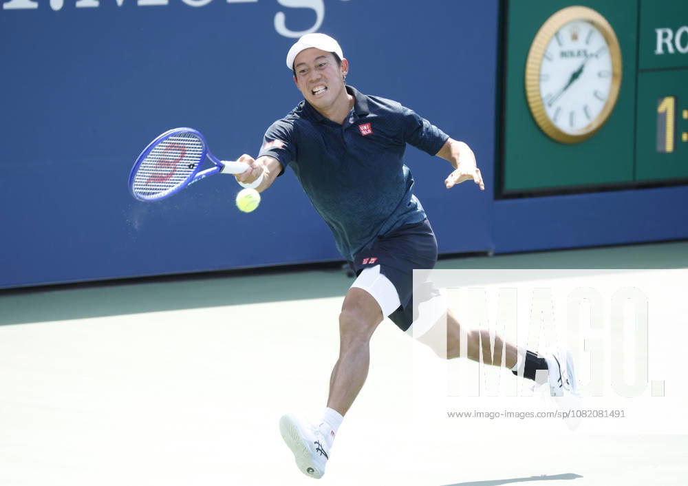 Kei Nishikori of Japan returns a ball to Rei Sakamoto of Japan before his defeat in a qualifying final round match at the 2026 US Open Tennis Championship at the USTA Billie Jean King National Tennis Center in New York City on Friday, August 28, 2026. This was Nishikori s final Grand Slam appearance. NYP20260828140 JOHNxANGELILLO