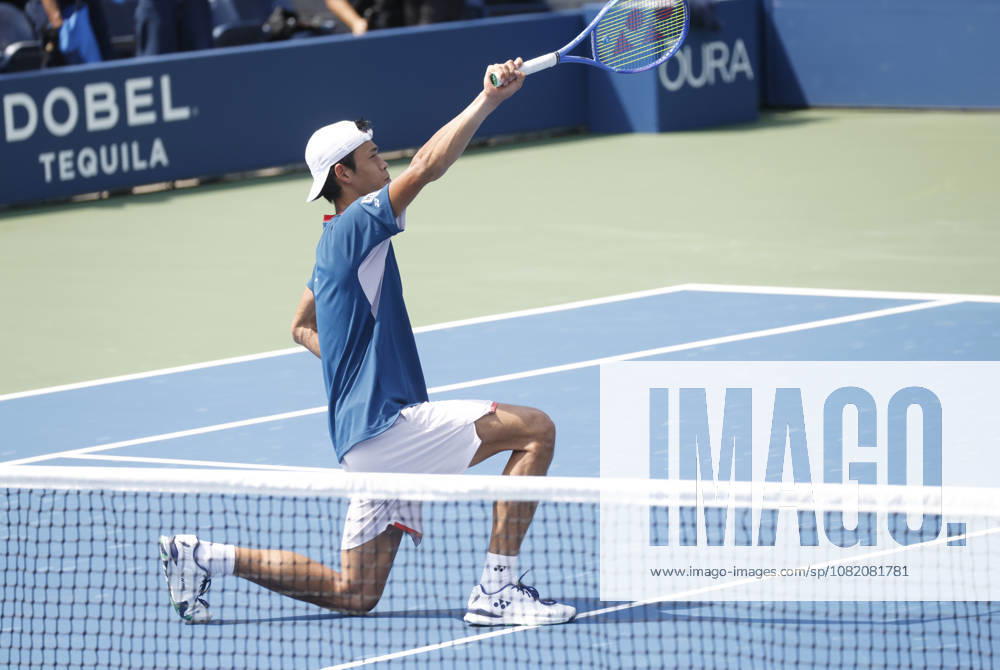 Rei Sakamoto of Japan reacts after match point defeating Kei Nishikori of Japan in straight sets in a qualifying final round match at the 2026 US Open Tennis Championship at the USTA Billie Jean King National Tennis Center in New York City on Friday, August 28, 2026. This was Nishikori s final Grand Slam appearance. NYP20260828135 JOHNxANGELILLO