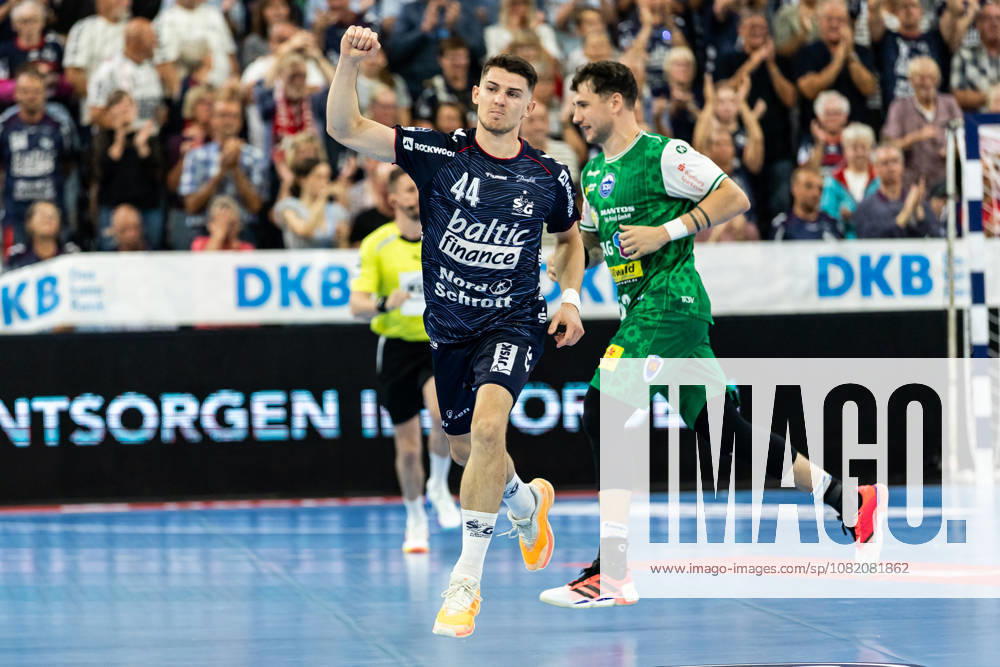 Opel HBL SG Flensburg Handewitt vs. ThSV Eisenach, August 28, 2026—Cheers and goal celebrations for Aymeric Minne, No. 44, SG Flensburg Handewitt; Opel HBL SG Flensburg Handewitt vs. ThSV Eisenach, GGW Arena