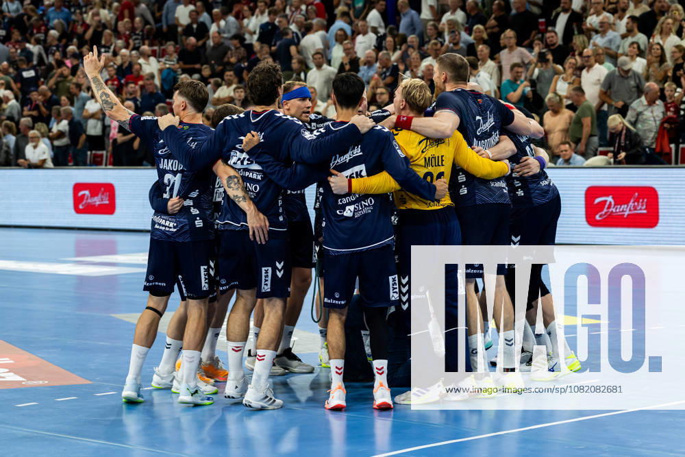 Opel HBL SG Flensburg Handewitt vs. ThSV Eisenach, August 28, 2026: Celebrations after the victory for SG Flensburg Handewitt. Opel HBL SG Flensburg Handewitt vs. ThSV Eisenach, GGW Arena on August 28, 2026