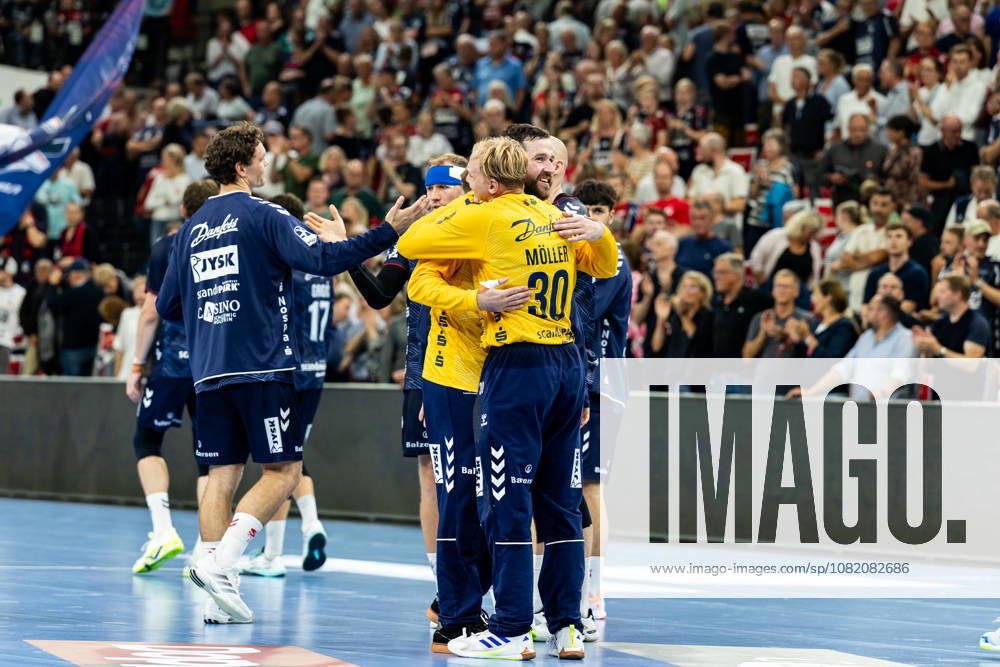 Opel HBL SG Flensburg Handewitt vs. ThSV Eisenach, August 28, 2026: Celebrations after the victory for SG Flensburg Handewitt. Opel HBL SG Flensburg Handewitt vs. ThSV Eisenach, GGW Arena on August 28, 2026