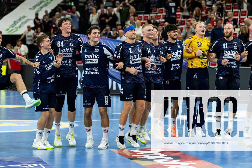 Opel HBL SG Flensburg Handewitt vs. ThSV Eisenach, August 28, 2026: Celebrations after the victory—Team SG Flensburg Handewitt, Opel HBL SG Flensburg Handewitt vs. ThSV Eisenach, GGW Arena