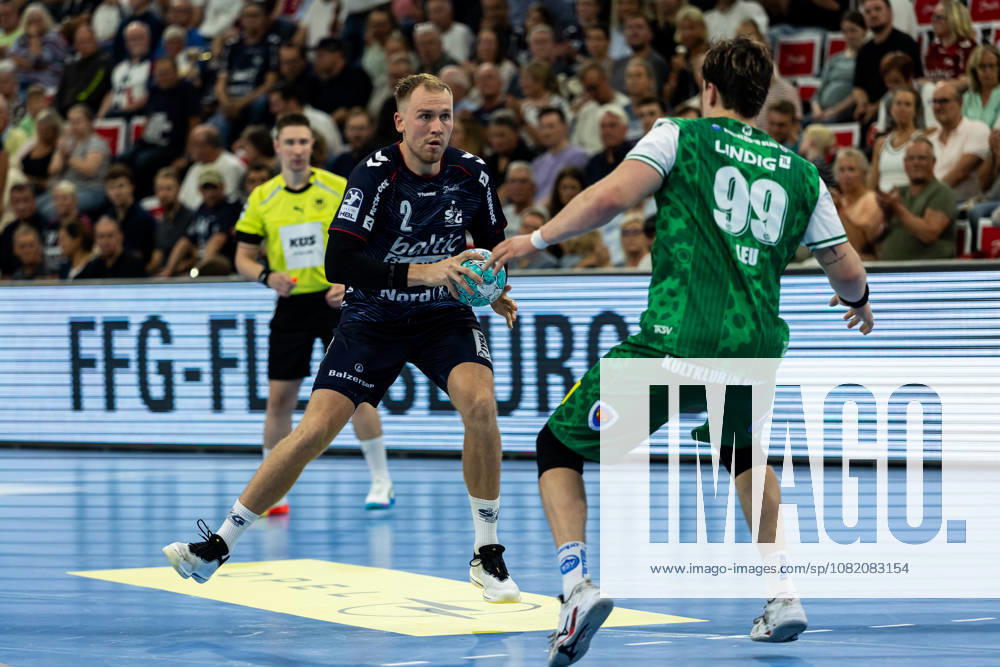 Opel HBL SG Flensburg Handewitt vs. ThSV Eisenach, August 28, 2026: Simon Pytlick (No. 02), SG Flensburg Handewitt, vs. Tillman Leu (No. 99), ThSV Eisenach Opel HBL SG Flensburg Handewitt vs. ThSV Eisenach, GGW Arena on August 28, 2026