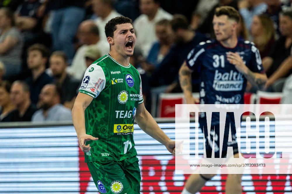 Opel HBL SG Flensburg Handewitt vs. ThSV Eisenach, August 28, 2026—Gian Attenhofer (No. 11) celebrates a goal; ThSV Eisenach vs. Opel HBL SG Flensburg Handewitt, GGW Arena