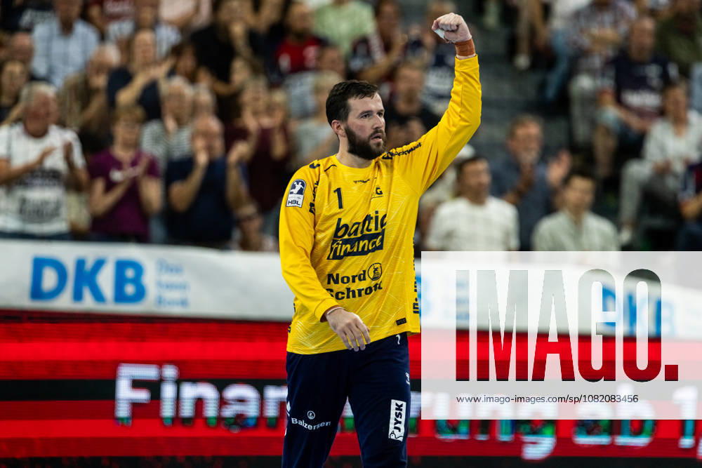 Opel HBL SG Flensburg Handewitt vs. ThSV Eisenach, August 28, 2026: Benjamin Buric (No. 1) of SG Flensburg Handewitt celebrates after saving the ball; Opel HBL SG Flensburg Handewitt vs. ThSV Eisenach, GGW Arena