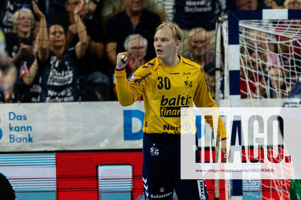 Opel HBL SG Flensburg Handewitt vs. ThSV Eisenach, August 28, 2026: Celebration as Simon Möller (No. 30) saves the ball, SG Flensburg Handewitt Opel HBL SG Flensburg Handewitt vs. ThSV Eisenach, GGW Arena