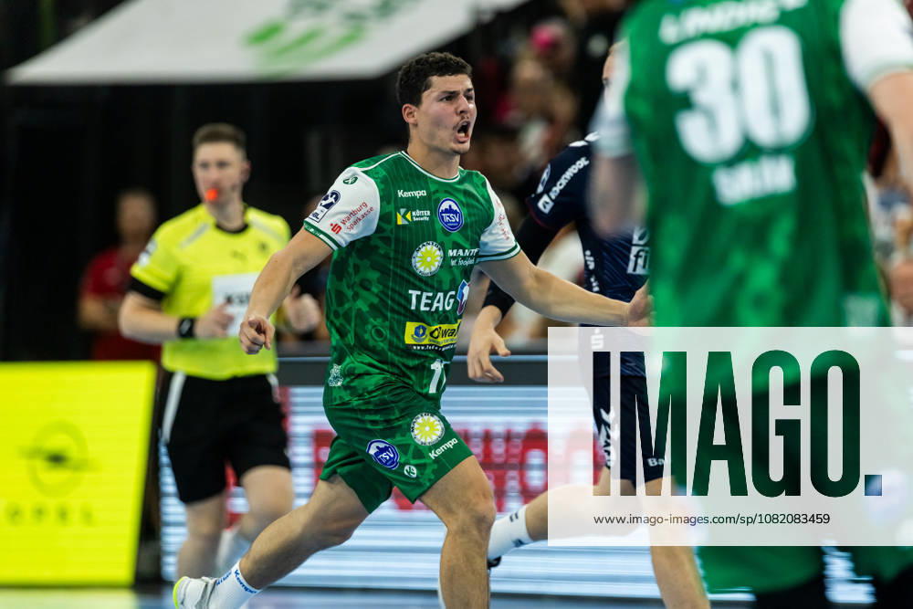 Opel HBL SG Flensburg Handewitt vs. ThSV Eisenach, August 28, 2026—Gian Attenhofer (No. 11) celebrates a goal; ThSV Eisenach vs. Opel HBL SG Flensburg Handewitt, GGW Arena