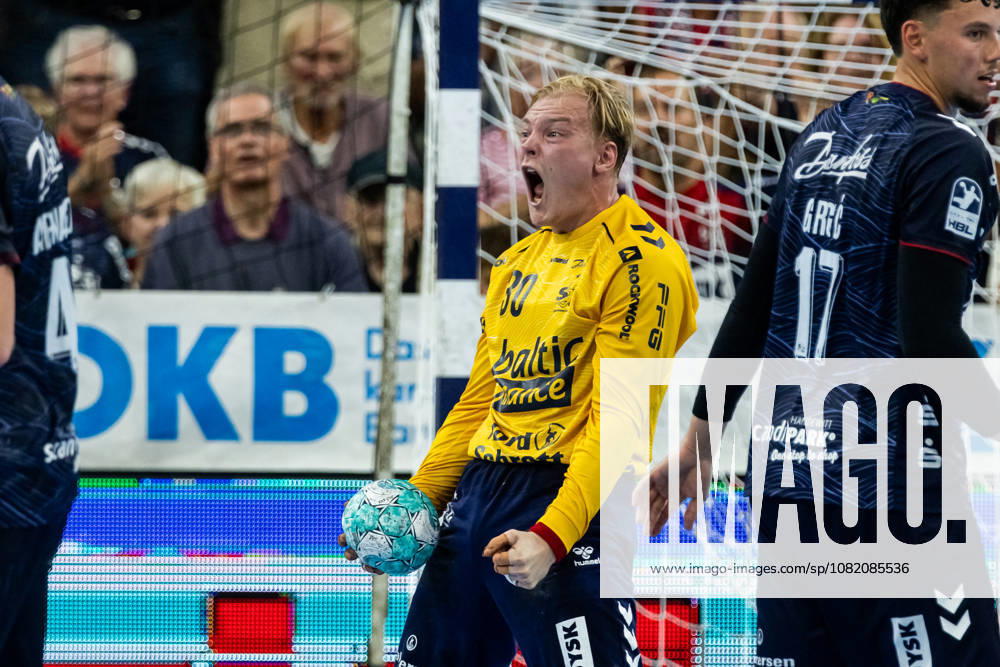 Opel HBL SG Flensburg Handewitt vs. ThSV Eisenach, August 28, 2026: Celebrations as Simon Möller (No. 30) saves the ball, SG Flensburg Handewitt Opel HBL SG Flensburg Handewitt vs. ThSV Eisenach, GGW Arena