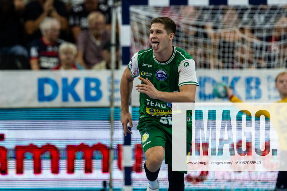 Opel HBL SG Flensburg Handewitt vs. ThSV Eisenach, August 28, 2026—Vukasin Antonijevic (No. 41) celebrates a goal; ThSV Eisenach vs. Opel HBL SG Flensburg Handewitt, GGW Arena