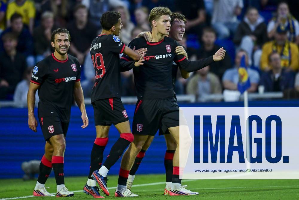 , Kooi Stadium , season 2026 2027 , Dutch Eredivisie football , match between SC Cambuur and FC Twente , picture shows goal celebration FC Twente player Ruud Nijstad 0-1 with FC Twente player Bart van Rooij FC Twente player Younes Taha Cambuur - Twente x206259204x
