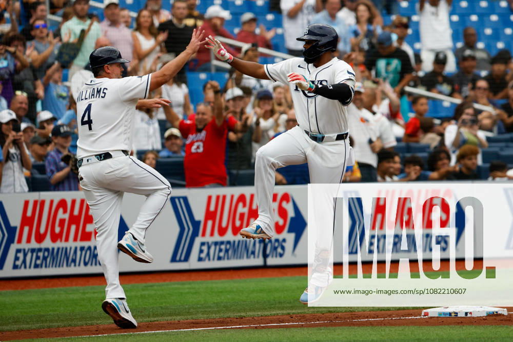 Tampa Bay Rays third baseman Junior Caminero (13) receives a high-five from third base coach Brady Williams (4), after he homers off of San Diego Padres pitcher Robbie Ray (38) during the fourth inning at Tropicana Field. MLB, Baseball Herren, USA 2026: Padres at Rays - ZUMA_sp_ 20260830_mda_s70_834