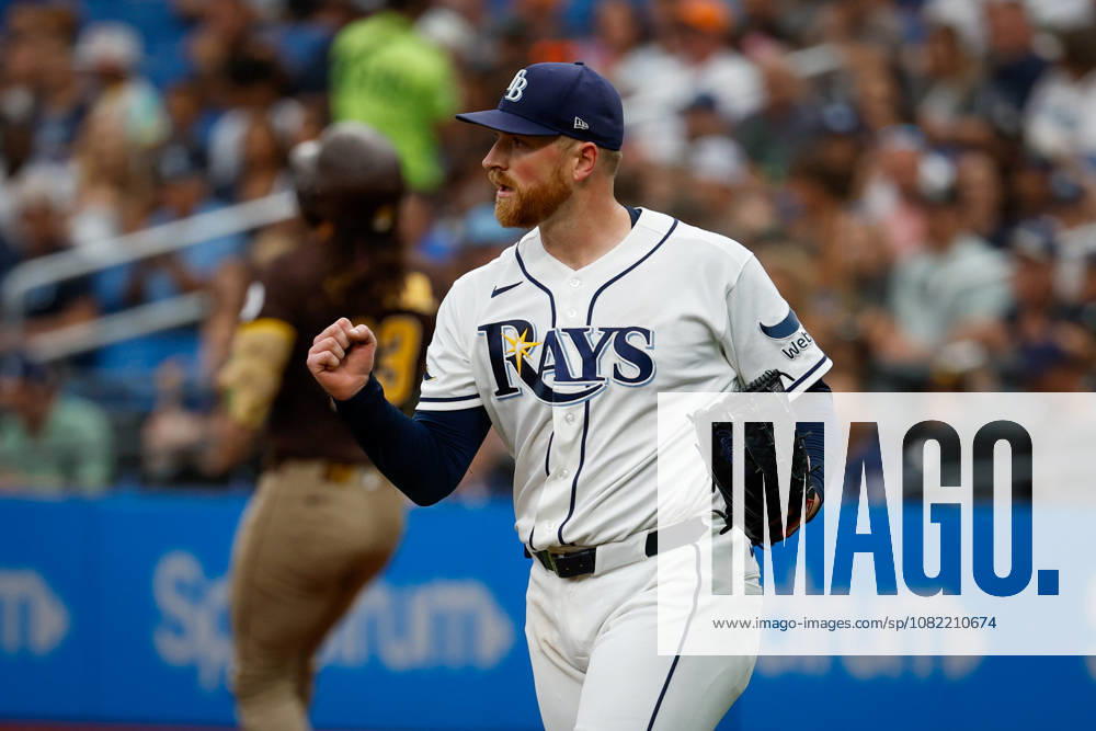 Tampa Bay Rays pitcher Drew Rasmussen (57) pumps his fist, after shortstop Taylor Walls (6) fields a ground ball hit by San Diego Padres outfielder Fernando Tatis Jr. (23) and throws him out at first base during the third inning at Tropicana Field. MLB, Baseball Herren, USA 2026: Padres at Rays - ZUMA_sp_ 20260830_mda_s70_839