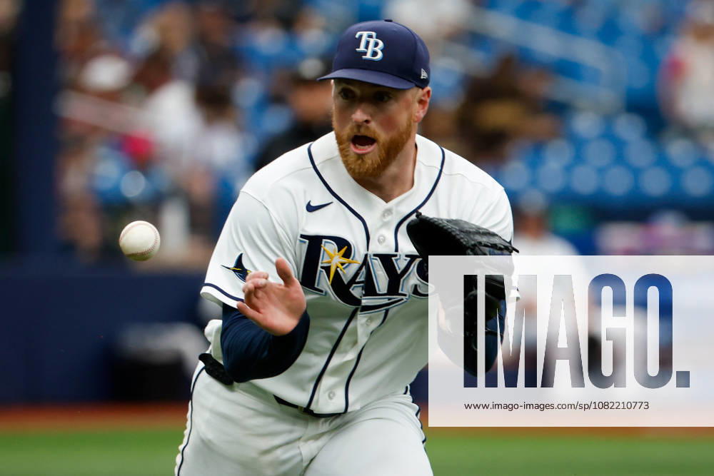 Tampa Bay Rays pitcher Drew Rasmussen (57) fields a ground ball hit by San Diego Padres outfielder Jackson Merrill (3) and steps on first base to get the out during the first inning at Tropicana Field. MLB, Baseball Herren, USA 2026: Padres at Rays - ZUMA_sp_ 20260830_mda_s70_848