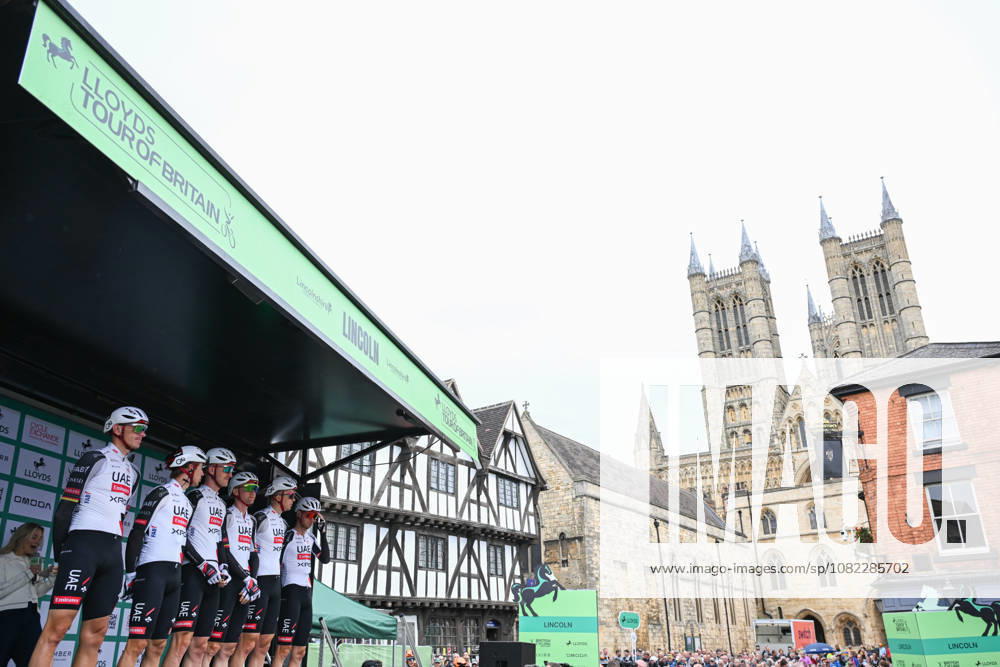 2026 Lloyds Tour of Britain Men Picture by Zac Williams SWpix.com - 02 09 2026 - Cycling - UCI ProSeries - 2026 Lloyds Tour of Britain Men - Stage 1: Lincoln to Lincoln (182.5km) - Mikkel Norsgaard Bjerg, Benoit Cosnefroy, Felix Grossschartner, Nils Politt, Florian Vermeersch, Tim Wellens (UAE Team Emirates XRG) Cycling