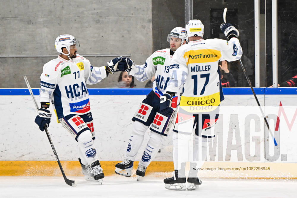 Bellinzona, Centro Sportivo Bellinzona, Friendly: HC Ambri Piotta vs. EHC Kloten; Manix Landry (Ambri) celebrates his goal with Michael Joly (Ambri) on the left and Miles Müller (Ambri) on the right; Bellinzona, Centro Sportivo Bellinzona, Ticino, Switzerland