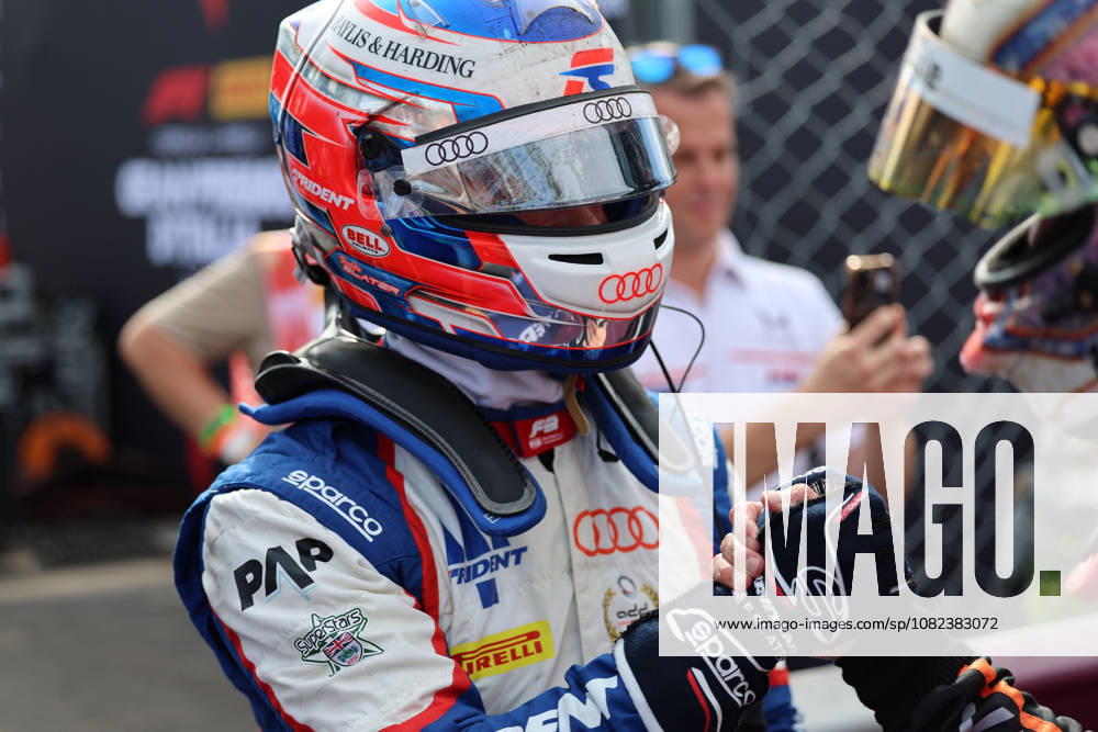 Monza, Italy, September 3–6, 2026, 2026 FIA Formula 3 Championship, Italy, Monza, Saturday Sprint Race. Pictured: Freddie Slater (GBR 5) high-fives race winner Taito Kato (JPN 10) at the Autodromo Nazionale Monza.