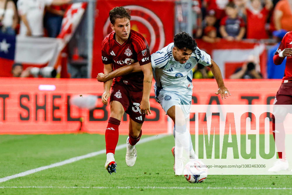 Toronto FC v Chicago Fire Johan Gomez 18 of Chicago Fire FC (right) competes for the ball against Jackson Gilman 38 (left) of Toronto FC during a Major League Soccer match at BMO Field in Toronto, Ontario, Canada, on September 5, 2026. Toronto Ontario Canada