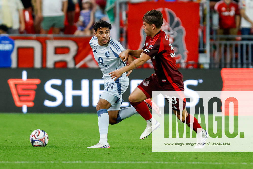 Toronto FC v Chicago Fire Johan Gomez 18 of Chicago Fire FC (L) competes for the ball against Jackson Gilman 38 (R) of Toronto FC during a Major League Soccer game at BMO Field in Toronto, Ontario, Canada, on September 5, 2026. Toronto Ontario Canada