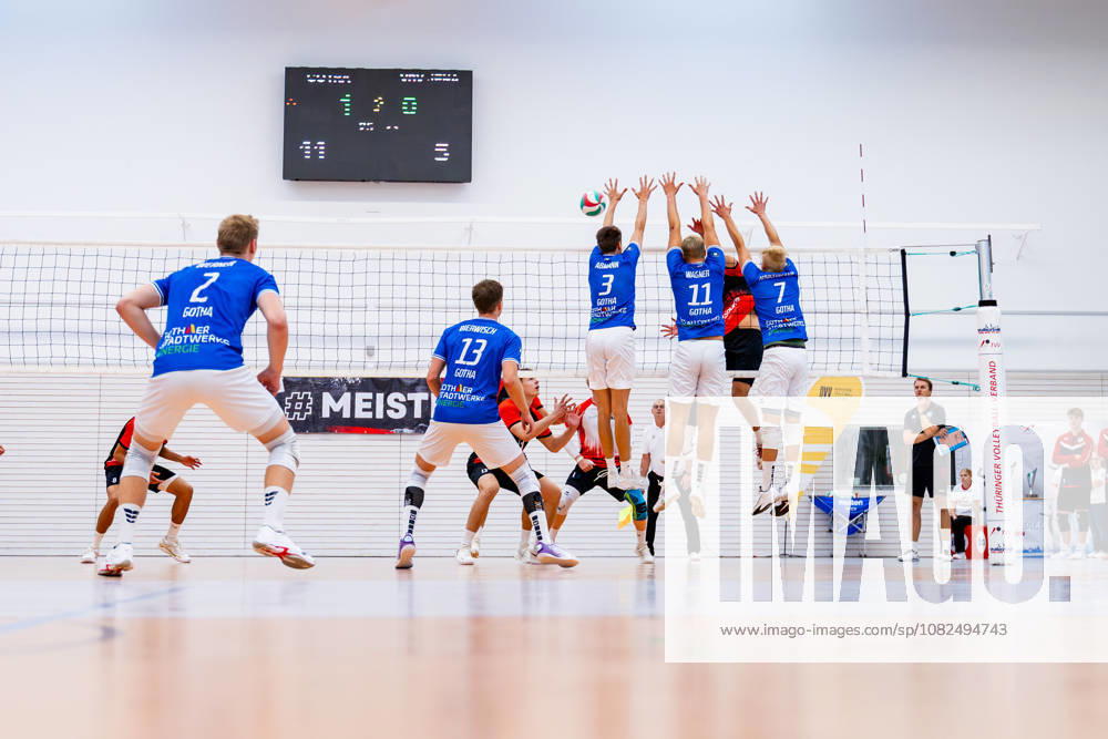 GER, Volleyball, Men, Season 26, Thuringia Cup Final, Volleyball Day, Blue Volleys Gotha vs. VSV Jena 90 Christoph Assmann Blue Volleys Gotha, 3, Tim Wagner Blue Volleys Gotha, 11, Hannes Krochmann, Blue Volleys Gotha, 7, blocks the attack 99089 Erfurt Sports Hall, Rieths Sports Complex, Thuringia, Germany