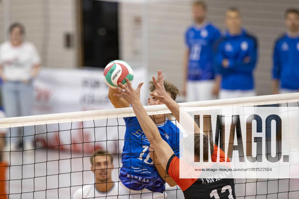 TVV Men s Cup Final: Blue Volleys Gotha vs. 1 VSV Jena 90, Erfurt, September 6, 2026; Lauritz Jastrow (10), Blue Volleys Gotha, vs. Noah Henkel (13), 1 VSV Jena 90; TVV Men s Cup Final: Blue Volleys Gotha vs. 1 VSV Jena 90, Rieth Sports Hall, Erfurt