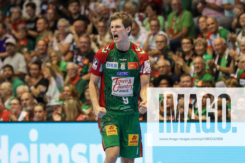 Handball Opel HBL SC Magdeburg vs. HSG Wetzlar, from left: Oskar Vind Rasmussen (Magdeburg), 9, celebration, goal celebration, celebrating the goal, Magdeburg