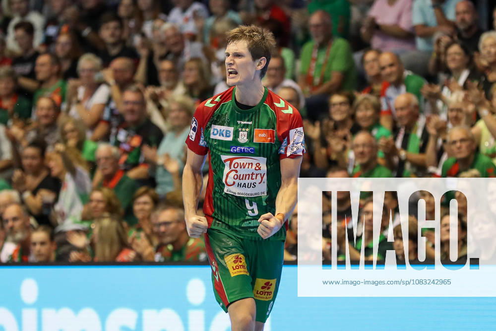 Handball Opel HBL SC Magdeburg vs. HSG Wetzlar, from left: Oskar Vind Rasmussen (Magdeburg), 9, celebration, goal celebration, celebrating the goal, Magdeburg