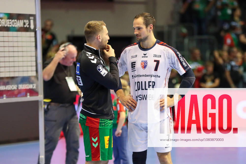 Handball Opel HBL SC Magdeburg vs. SG BBM Bietigheim, from left: Lukas Mertens (Magdeburg), 22; Dominik Claus (Bietigheim), 7; Magdeburg