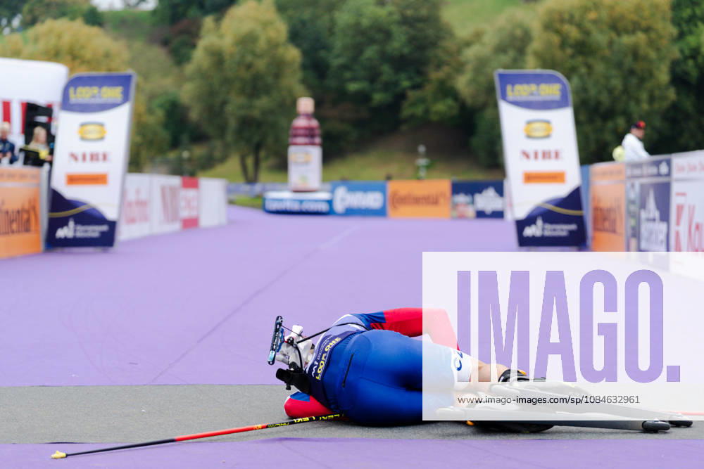 GER, Biathlon, Men, IBU Biathlon Loop One Festival 2026, 2026–2027 Season, Men’s Super Sprint Qualification: Tomas Mikyska (CZE), 25, exhausted at the finish line, Munich Olympic Park, Bavaria, Germany
