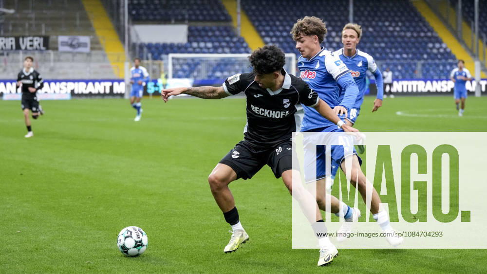 From left: Andre Leipold (Verl), 20; Maximilian Theuer (TSG II), 47; tackle, game action, duel, tackle, tackling, dynamic, action, 10 18 2026, Sinsheim, Germany, soccer, 3rd Division, TSG 1899 Hoffenheim II vs. SC Verl, DFB and DFL regulations prohibit any use of photographs as image sequences and or quasi-video