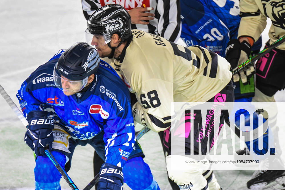 Straubing Tigers vs. Grizzlys Wolfsburg, Ice Hockey, German Ice Hockey League, Penny DEL, Matchday 10, 2026–2027 Season, October 18, 2026: Tim Brunnhuber of the Straubing Tigers at the faceoff with Tyler Gaudet of the Grizzlys Wolfsburg, Men’s Ice Hockey, German Ice Hockey League, Penny DEL, Matchday 10, 2026–2027 Season on October 18, 2026, at the Eisstadion am Pulverturm; Straubing Tigers (blue) vs. Grizzlys Wolfsburg (beige)