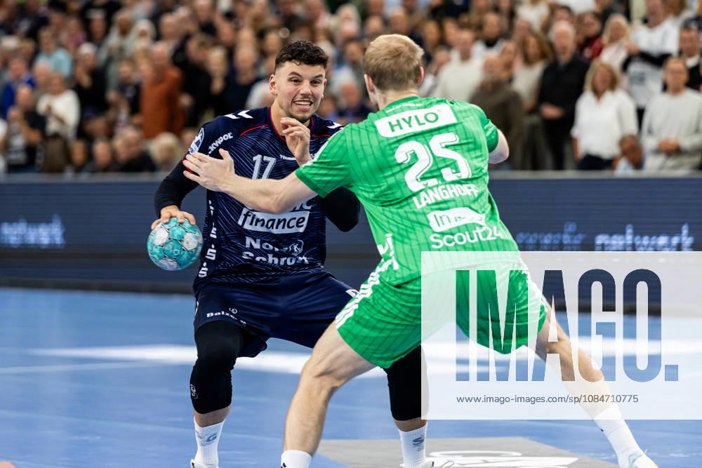 Opel HBL SG Flensburg Handewitt vs. Füchse Berlin, October 18, 2026, Marko Grgic No. 17, SG Flensburg Handewitt vs. Matthes Langhoff No. 25, Füchse Berlin Opel HBL SG Flensburg Handewitt vs. Füchse Berlin, GGW Arena on October 18, 2026