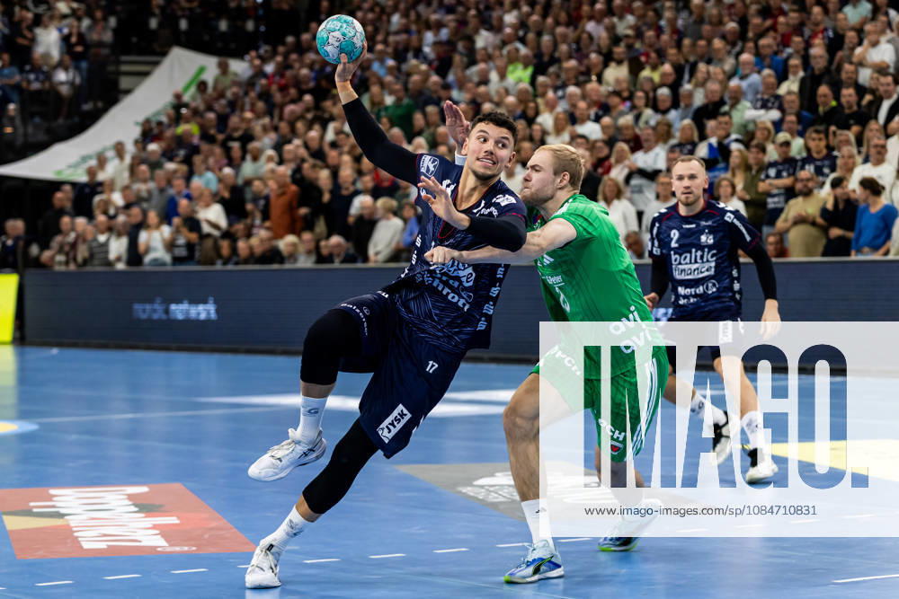 Opel HBL SG Flensburg Handewitt vs. Füchse Berlin, October 18, 2026, Marko Grgic No. 17, SG Flensburg Handewitt vs. Matthes Langhoff No. 25, Füchse Berlin Opel HBL SG Flensburg Handewitt vs. Füchse Berlin, GGW Arena on October 18, 2026