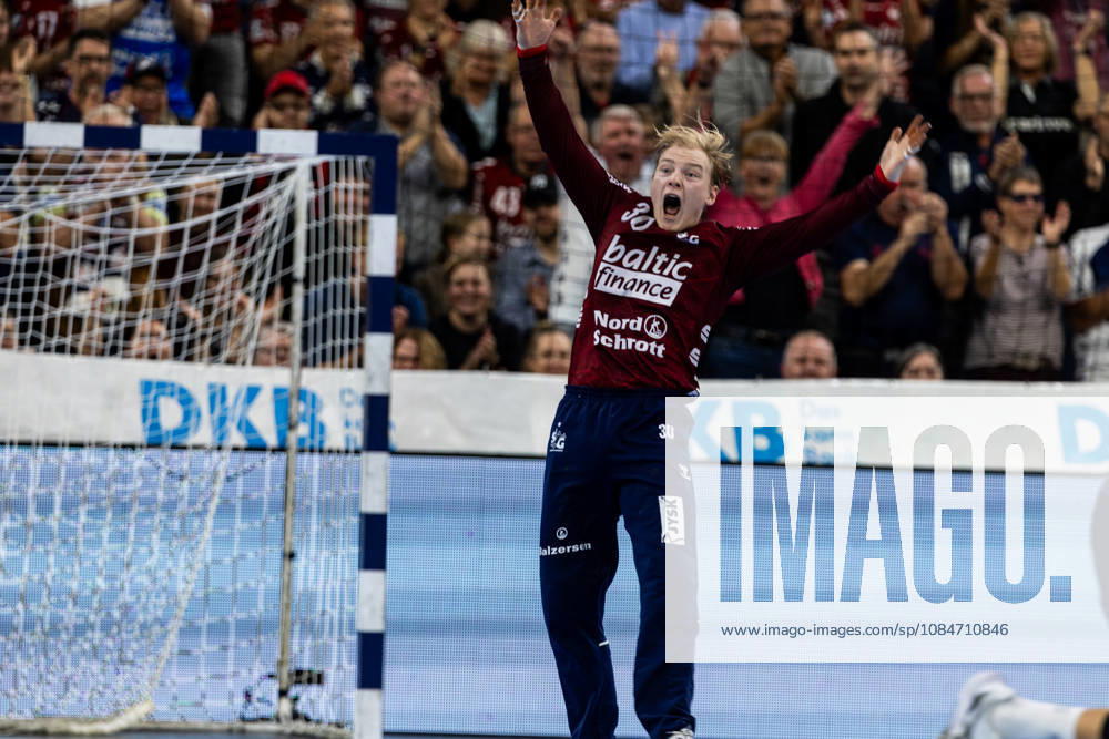 Opel HBL SG Flensburg Handewitt vs. Füchse Berlin, October 18, 2026: Celebration and joy as Simon Möller (No. 30) saves the ball, SG Flensburg Handewitt Opel HBL SG Flensburg Handewitt vs. Füchse Berlin, GGW Arena