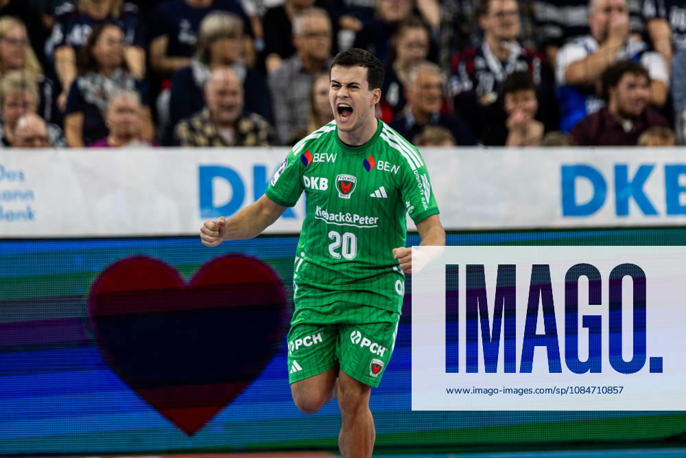Opel HBL SG Flensburg Handewitt vs. Füchse Berlin, October 18, 2026: Tim Freihöfer (No. 20) celebrates after saving the ball; Füchse Berlin vs. Opel HBL SG Flensburg Handewitt, GGW Arena