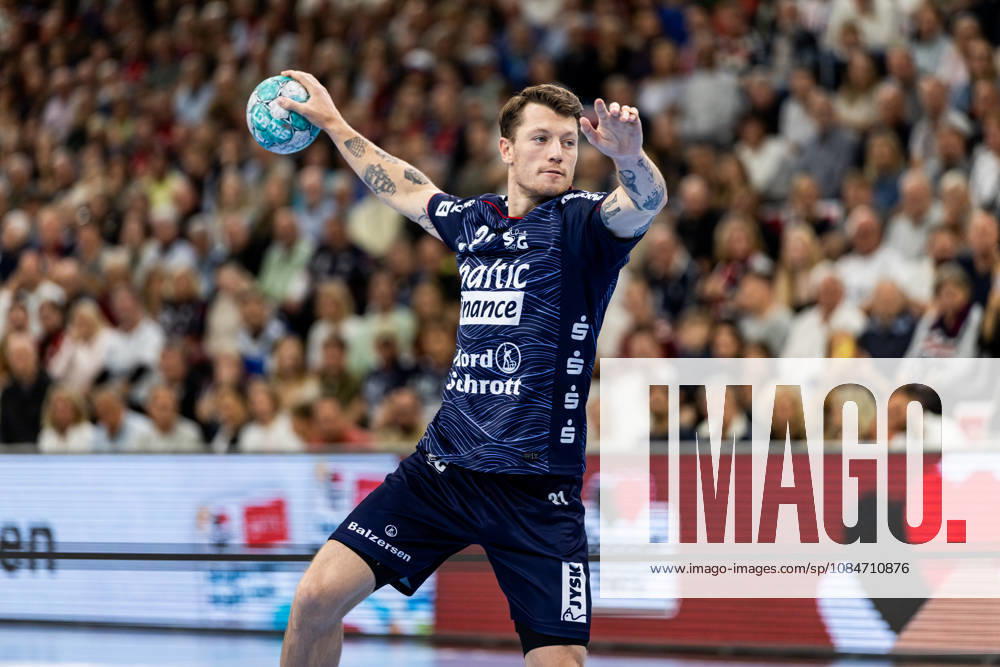 Opel HBL SG Flensburg Handewitt vs. Füchse Berlin, October 18, 2026—Emil Jakobsen, No. 31, SG Flensburg Handewitt on the attack. Opel HBL SG Flensburg Handewitt vs. Füchse Berlin, GGW Arena