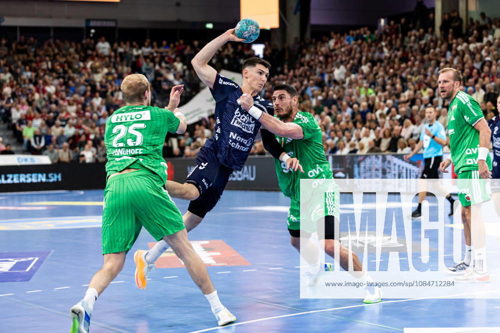 Opel HBL SG Flensburg Handewitt vs. Füchse Berlin 18 10 26 Aymeric Minne No. 44, SG Flensburg Handewitt vs. Matthes Langhoff No. 25, Füchse Berlin, and Mijajlo Marsenic No. 93, Füchse Berlin; Opel HBL SG Flensburg Handewitt vs. Füchse Berlin, GGW Arena on October 18, 2026