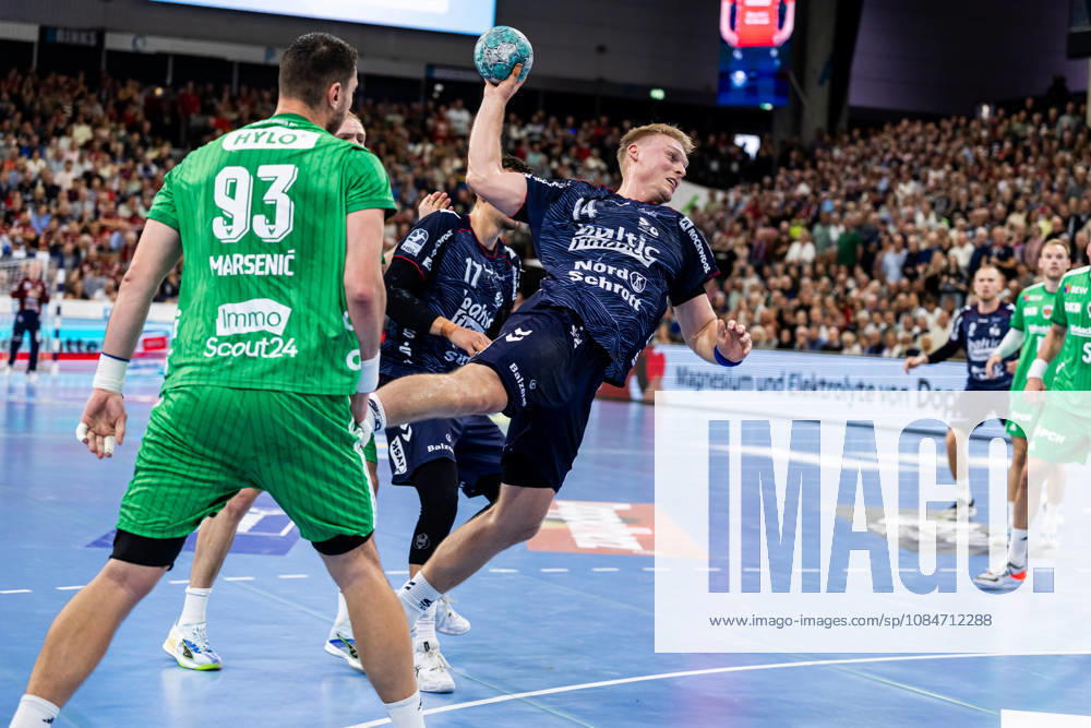 Opel HBL SG Flensburg Handewitt vs. Füchse Berlin, October 18, 2026: Emil Siersbaek Bergholt, No. 14, SG Flensburg Handewitt on the attack. Opel HBL SG Flensburg Handewitt vs. Füchse Berlin, GGW Arena