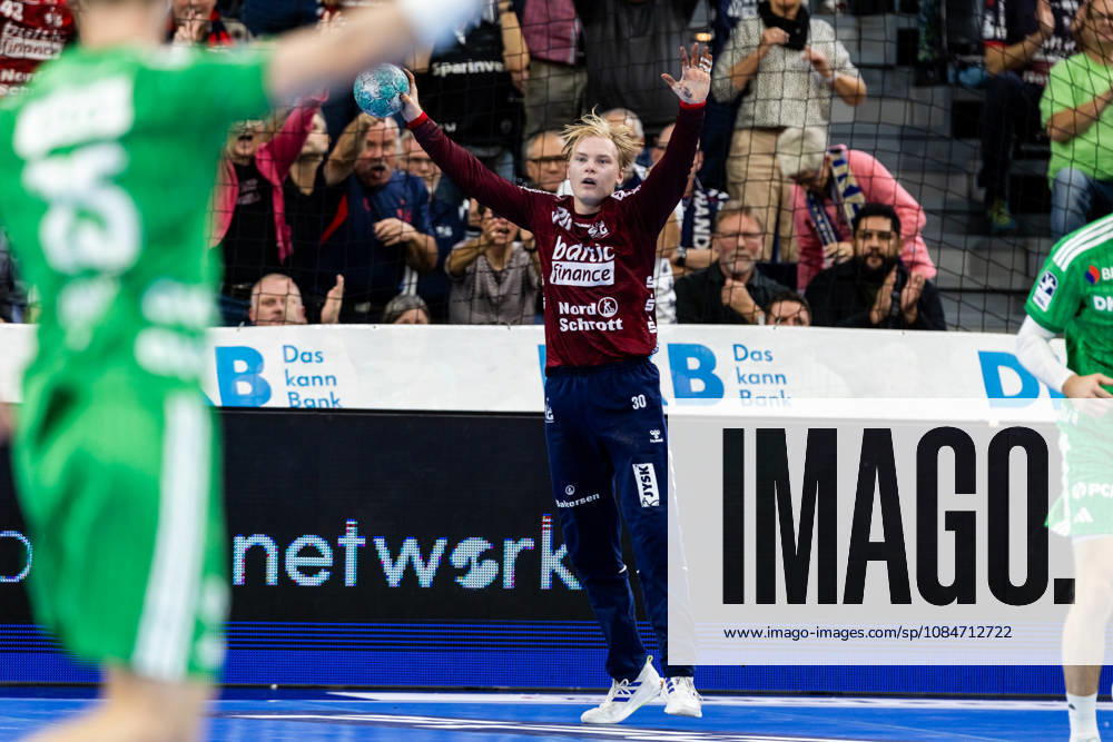 Opel HBL SG Flensburg Handewitt vs. Füchse Berlin, October 18, 2026: Celebration and joy as Simon Möller (No. 30) saves the ball, SG Flensburg Handewitt Opel HBL SG Flensburg Handewitt vs. Füchse Berlin, GGW Arena