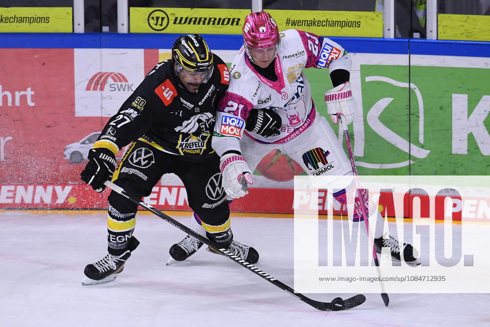 Ice Hockey Penny DEL Matchday 10: Krefeld Pinguine vs. Eisbären Berlin on October 18, 2026, at the Yayla Arena in Krefeld; Clinston Joseph Robert C. J. Suess (Krefeld), on the left, Manuel Wiederer (Berlin); on the right, In accordance with the guidelines of the DEL (German Ice Hockey League), the publication and further use of the footage in electronic media and on devices of any kind during the game is not permitted. xRx