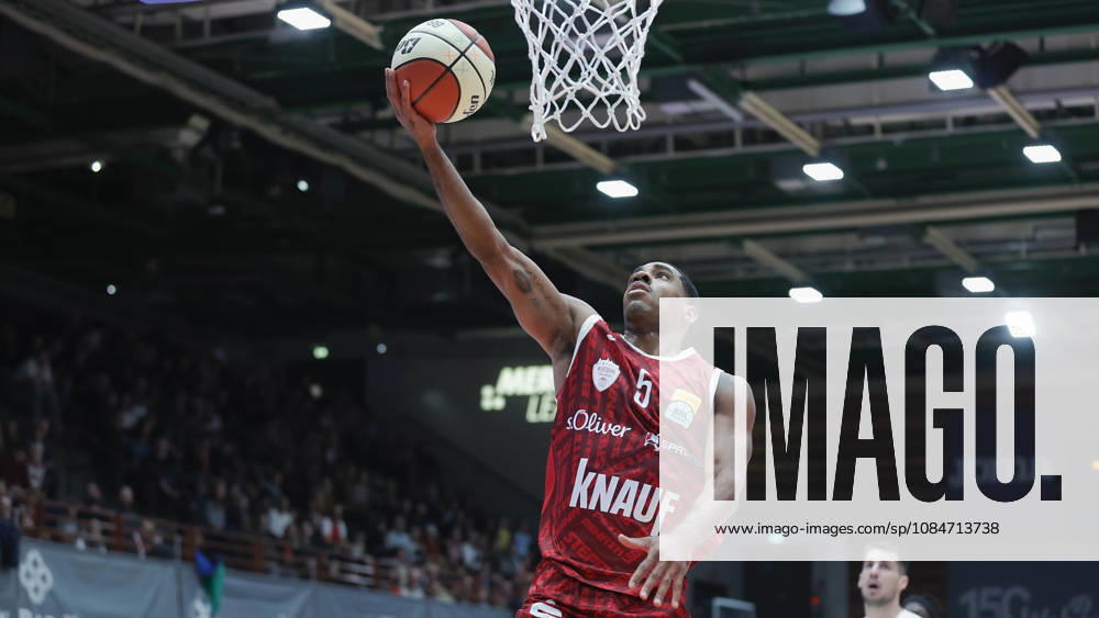 Pictured: Kenny Dye of the Würzburg Baskets, No. 5, making a layup on October 18, 2026, Fitness First Würzburg Baskets vs. SYNTAINICS MBC, Netto BBL Cup, Round of 16, Germany, 97072, tectake Arena Würzburg,