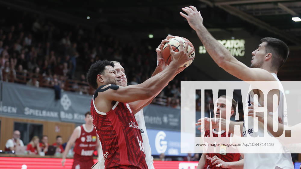 Pictured from left: Marvin Ogunsipe of Würzburg Baskets, 26; Collin Welp of Syntainics MBC, 40; and Jure Planinic of Syntainics MBC, 44, in the Rebound Duel on August 10, 2026, Fitness First Würzburg Baskets vs. SYNTAINICS MBC, Netto BBL Cup, Round of 16, Germany, 97072, tectake Arena Würzburg,
