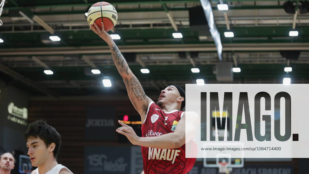 Pictured: Max Jones of the Würzburg Baskets, No. 2, making a layup on 10 18 2026, Fitness First Würzburg Baskets vs. SYNTAINICS MBC, Netto BBL Cup, Round of 16, Germany, 97072, tectake Arena Würzburg,