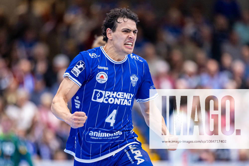 Samuel Zehnder of TBV Lemgo Lippe, 04, celebrates after scoring a goal. GER, TBV Lemgo Lippe vs. Frisch Auf Göppingen, Handball, 1st Bundesliga, Matchday 9, 2026–2027 season, October 18, 2026 GER, TBV Lemgo Lippe vs. Frisch Auf Göppingen, Handball, 1st Bundesliga, Matchday 9, 2026–2027 season, October 18, 2026 Lemgo
