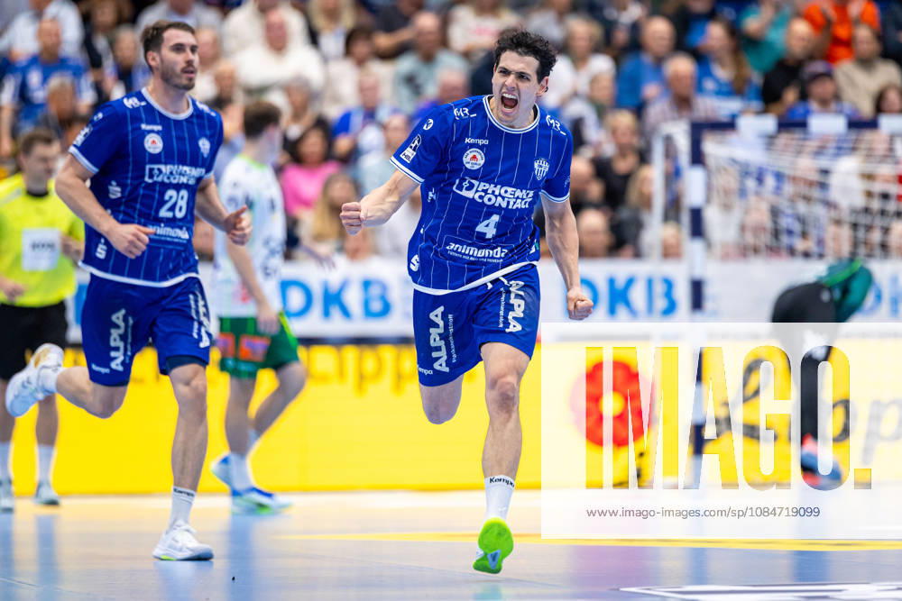 Samuel Zehnder of TBV Lemgo Lippe, 04, celebrates after scoring a goal. GER, TBV Lemgo Lippe vs. Frisch Auf Göppingen, Handball, 1st Bundesliga, Matchday 9, 2026–2027 season, October 18, 2026 GER, TBV Lemgo Lippe vs. Frisch Auf Göppingen, Handball, 1st Bundesliga, Matchday 9, 2026–2027 season, October 18, 2026 Lemgo