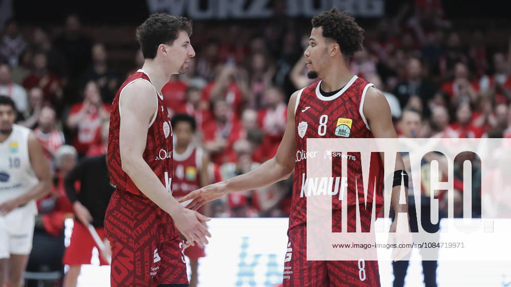Pictured from left: Alen Pjanic of the Würzburg Baskets, 35, and Brandon Tischler of the Würzburg Baskets, 8, are talking on October 18, 2026, Fitness First Würzburg Baskets vs. SYNTAINICS MBC, Netto BBL Cup, Round of 16, Germany, 97072, tectake Arena Würzburg,