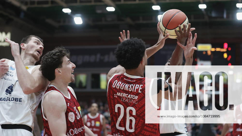 Pictured, from left: Borisa Simanic of Syntainics MBC, 22, Alen Pjanic of Würzburg Baskets, 35, and the battle for rebounds between Marvin Ogunsipe of Würzburg Baskets, 26, and Kris Clyburn of Syntainics MBC, 21 18 10 2026, Fitness First Würzburg Baskets vs. SYNTAINICS MBC, Netto BBL Cup, Round of 16, Germany, 97072, tectake Arena Würzburg,