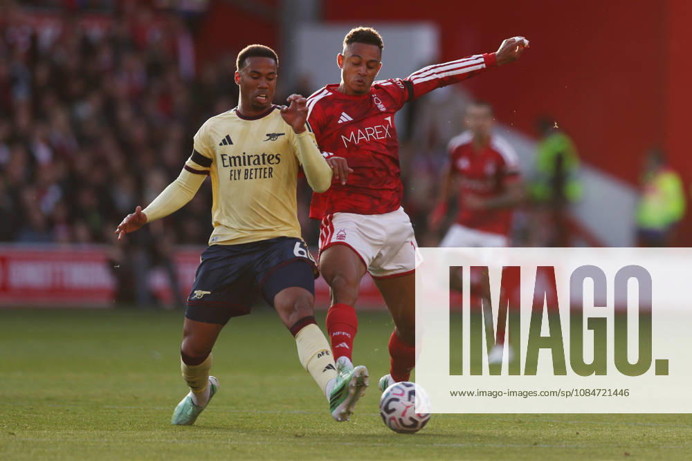 Nottingham, England, 18th October 2026. Gabriel of Arsenal and Dan Ndoye of Nottingham Forest challenge for the ball during the Nottingham Forest vs Arsenal Premier League match at the City Ground, Nottingham. Picture credit should read: Jake Youle Sportimage . SPI_023_JY_Forest_Arsenal SPI-5083-0023